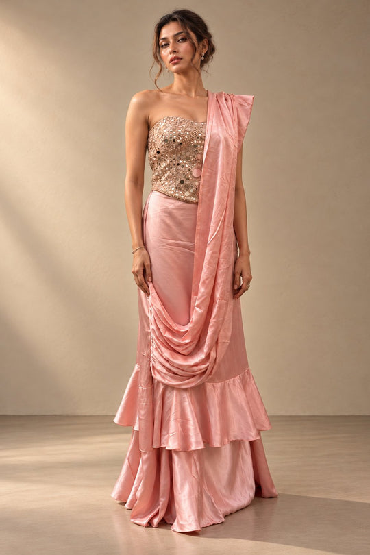 Leoni Blush Pink Satin with Mirror Work Corset Blouse with Designer Skirt Saree