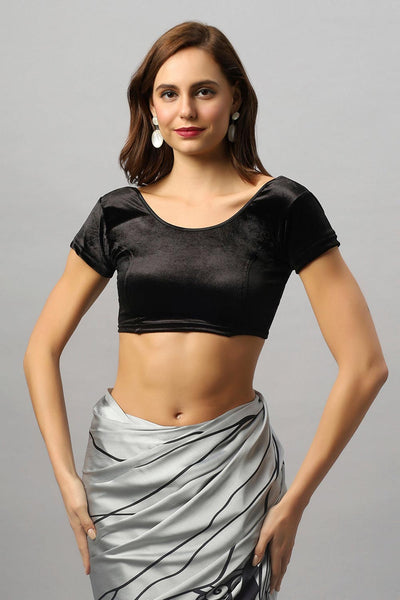 Jena Black Lycra Velvet Stretch Short Sleeve Blouse