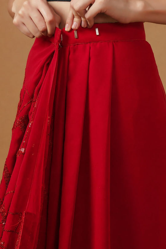 Sabina Red Georgette Thread &amp; Sequins Work Ready to Wear Saree