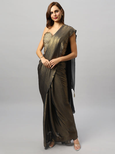 Buy Meera Dark Grey & Gold Shimmer Georgette  One Minute Saree Online - One Minute Saree