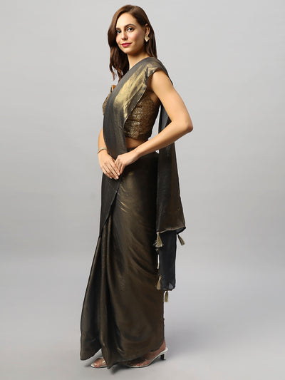 Buy Meera Dark Grey & Gold Shimmer Georgette  One Minute Saree Online - Zoom In