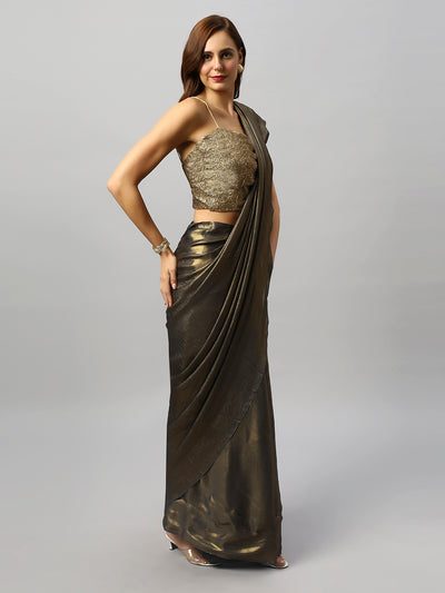 Buy Meera Dark Grey & Gold Shimmer Georgette  One Minute Saree Online - Side