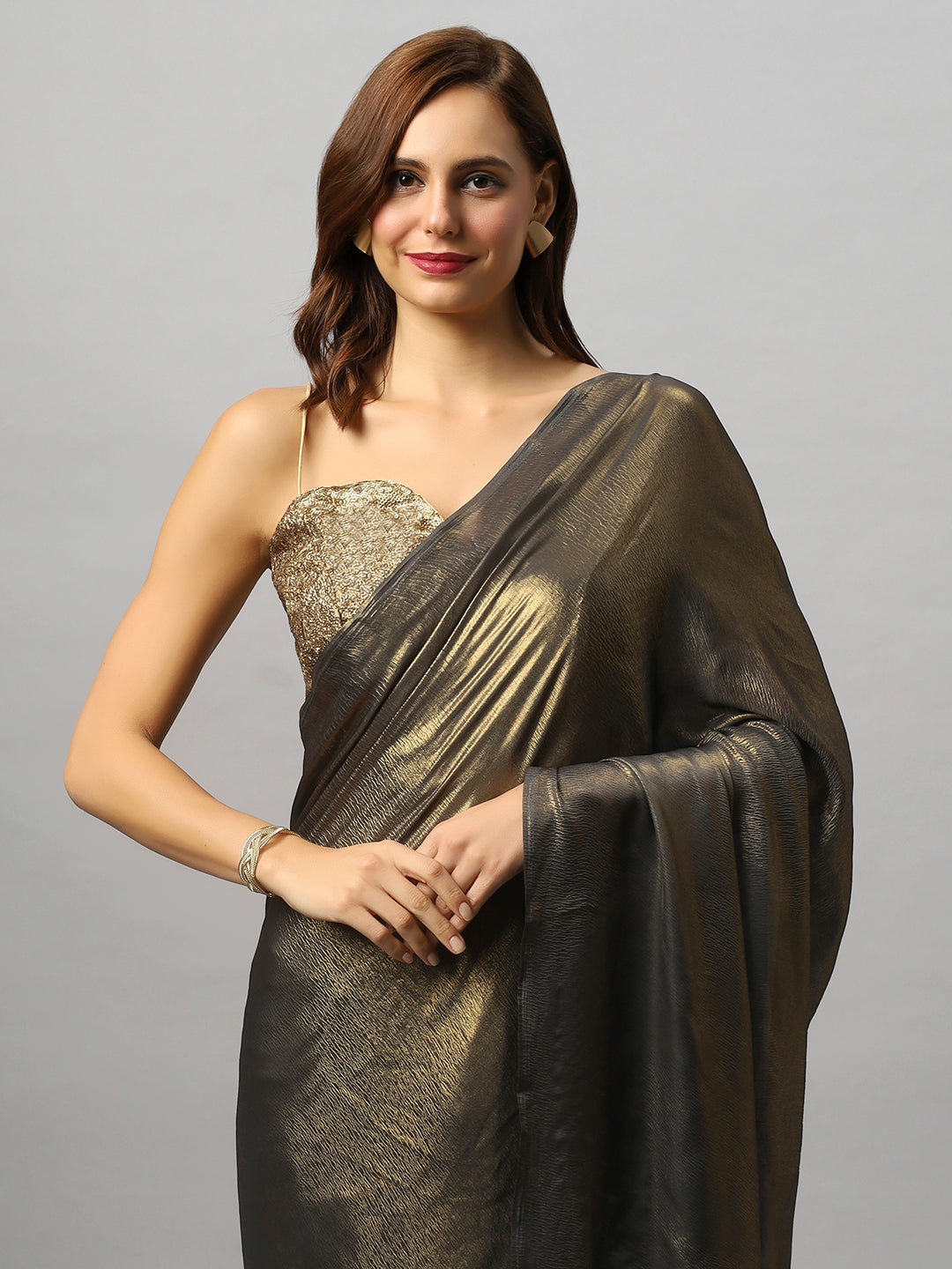 Buy Meera Dark Grey & Gold Shimmer Georgette  One Minute Saree Online - Front