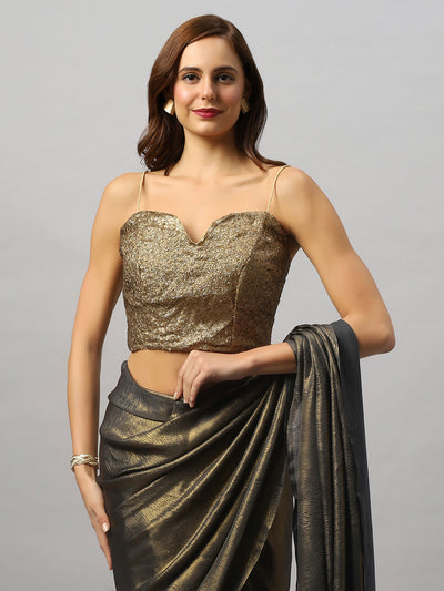 Buy Meera Dark Grey & Gold Shimmer Georgette  One Minute Saree Online - Back