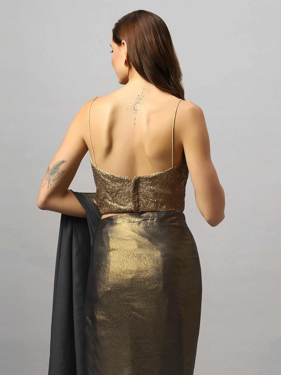 Buy Meera Dark Grey & Gold Shimmer Georgette  One Minute Saree Online