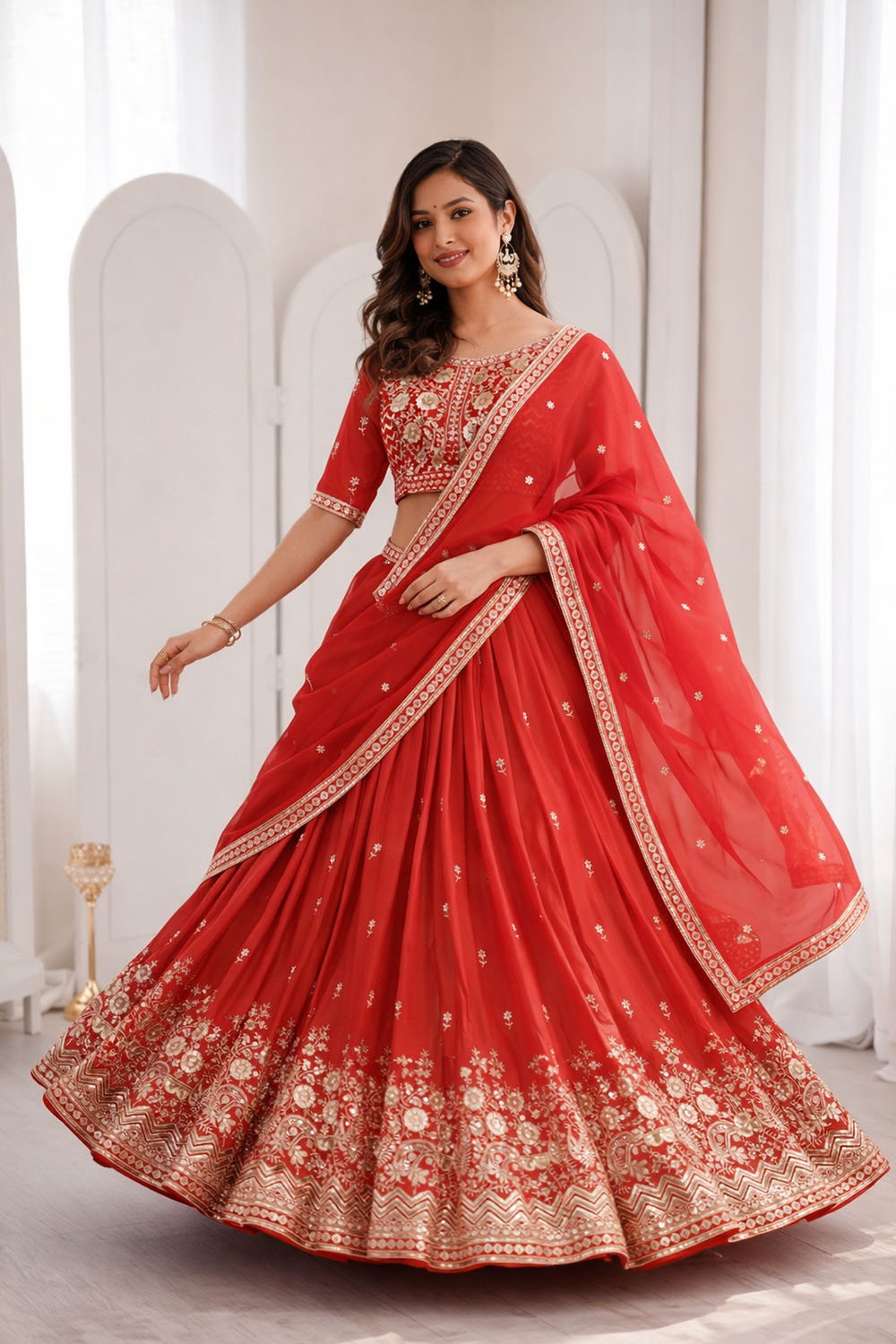 Olga Orange Thread & Sequin Work Heavy Shimmer Silk Lehenga Saree