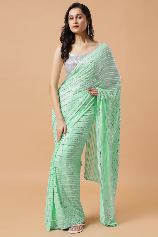 Ariel Turquoise & Silver Sequins One Minute Saree