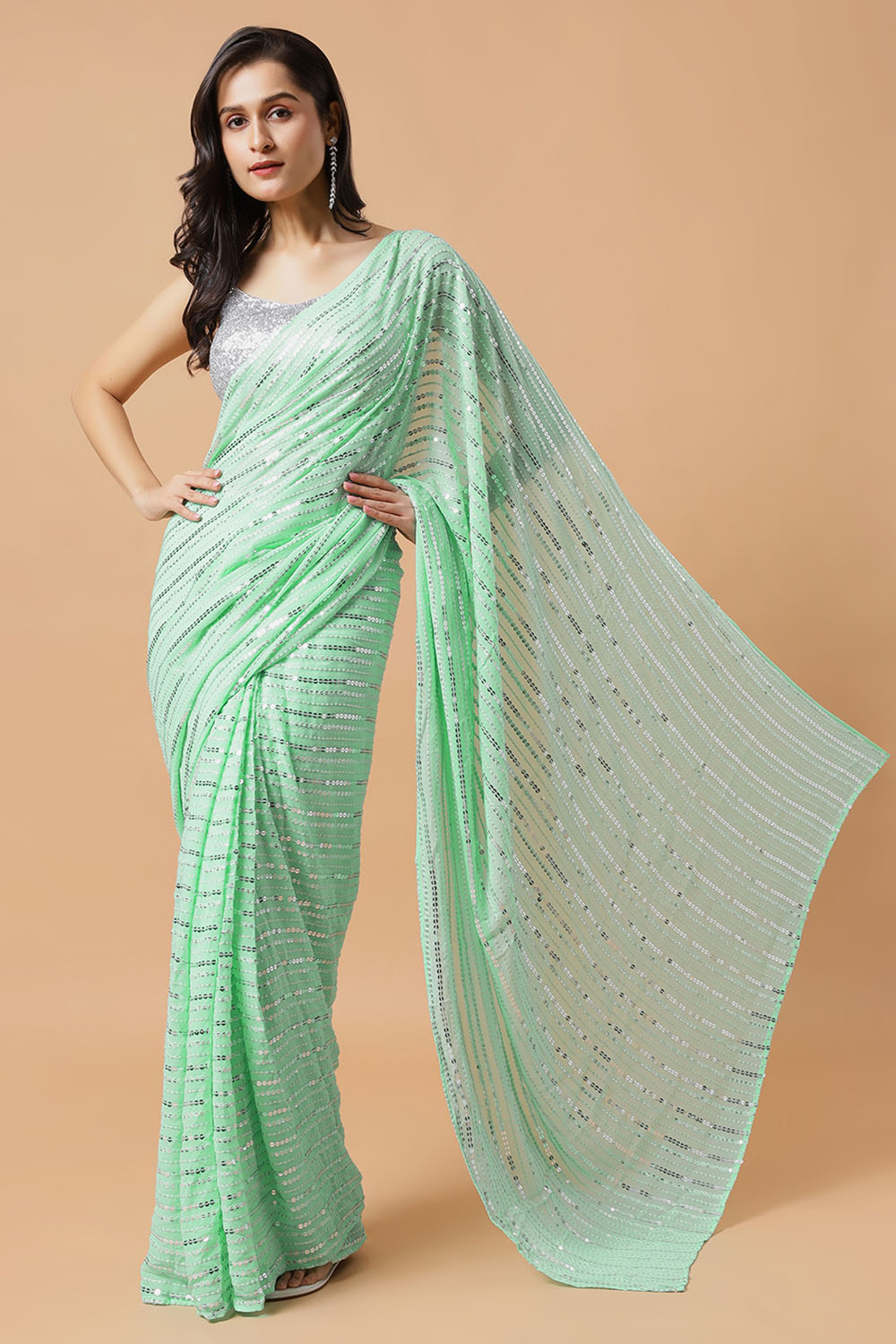 Ariel Turquoise & Silver Sequins One Minute Saree