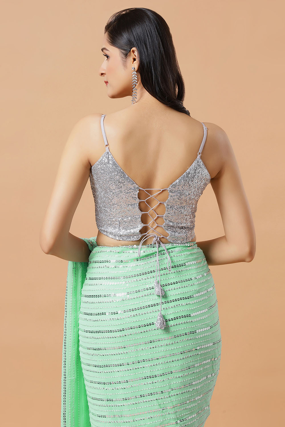 Ariel Turquoise & Silver Sequins One Minute Saree