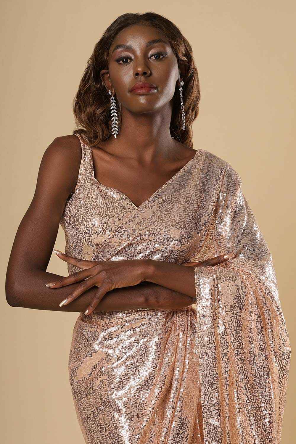 Buy Ciara Rose Gold Luxe Shiny Sequins One Minute Saree Online - Front