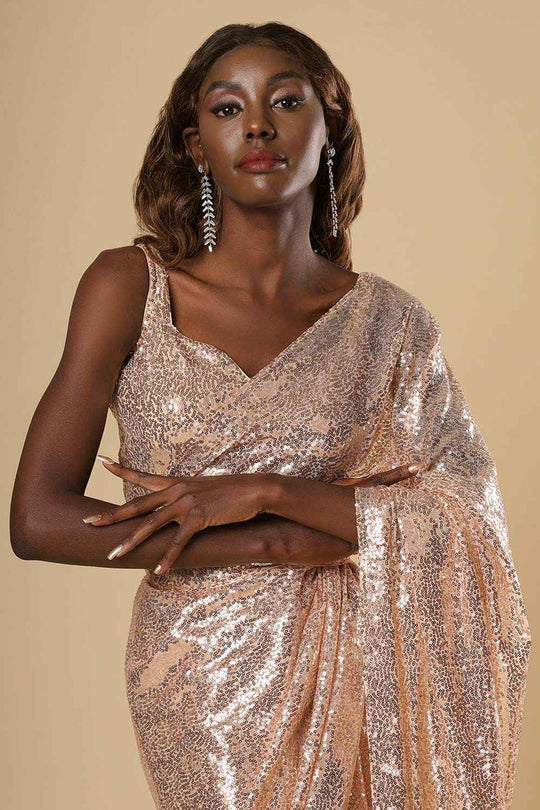 Buy Ciara Rose Gold Luxe Shiny Sequins One Minute Saree Online - Front