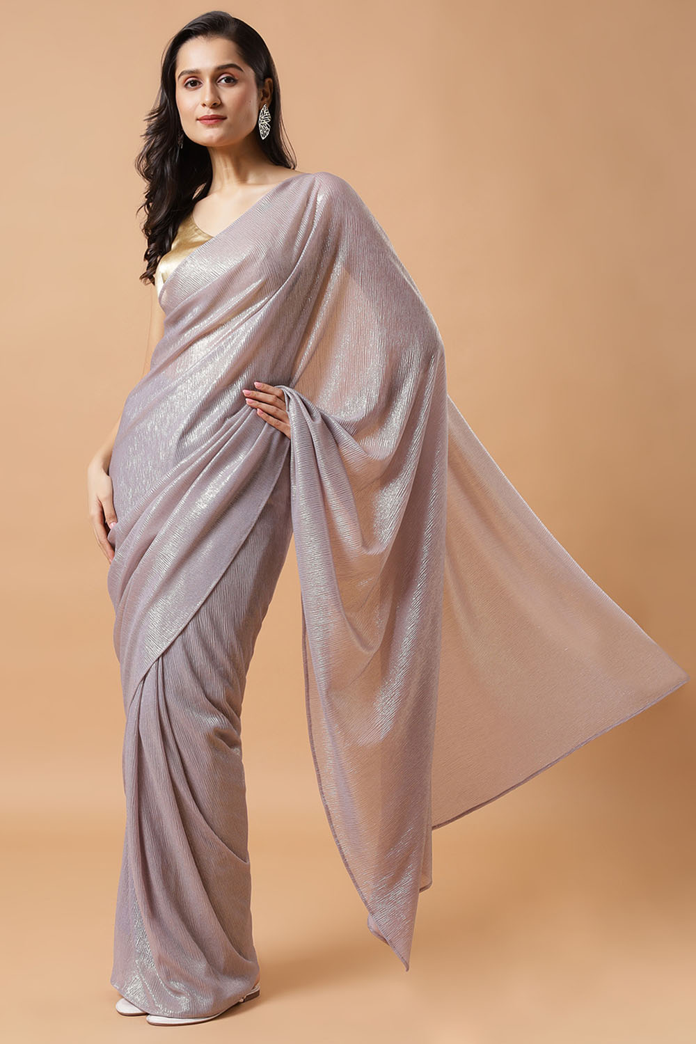 Roxi Lavender & Gold Shimmer Cruch Georgette  One Minute Saree