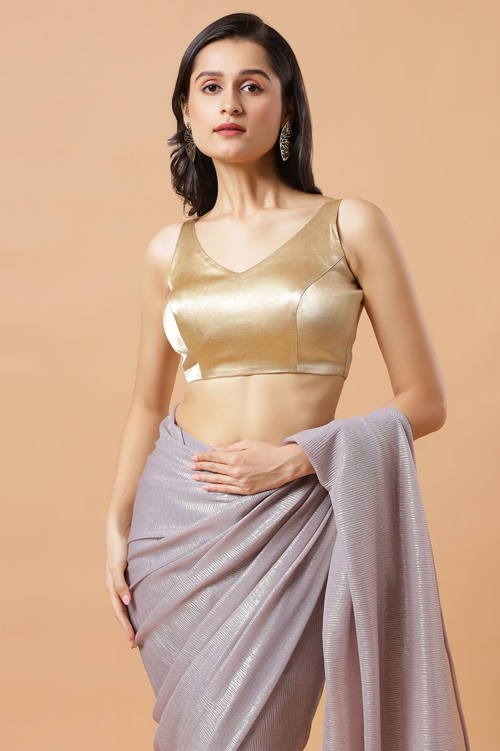 Roxi Lavender & Gold Shimmer Cruch Georgette  One Minute Saree