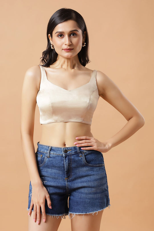 Tia Cream Satin Tie Back Sleeveless Saree Blouse