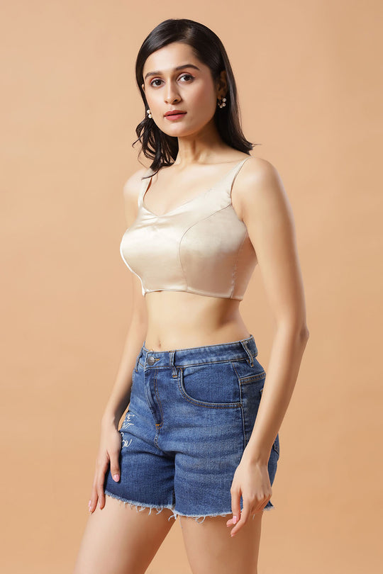 Tia Cream Satin Tie Back Sleeveless Saree Blouse