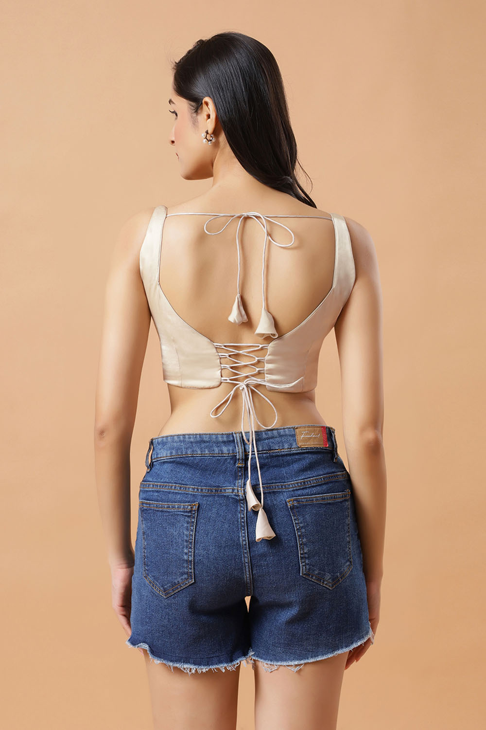 Tia Cream Satin Tie Back Sleeveless Saree Blouse