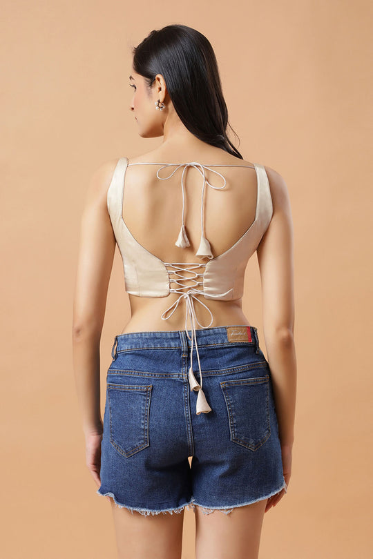 Tia Cream Satin Tie Back Sleeveless Saree Blouse