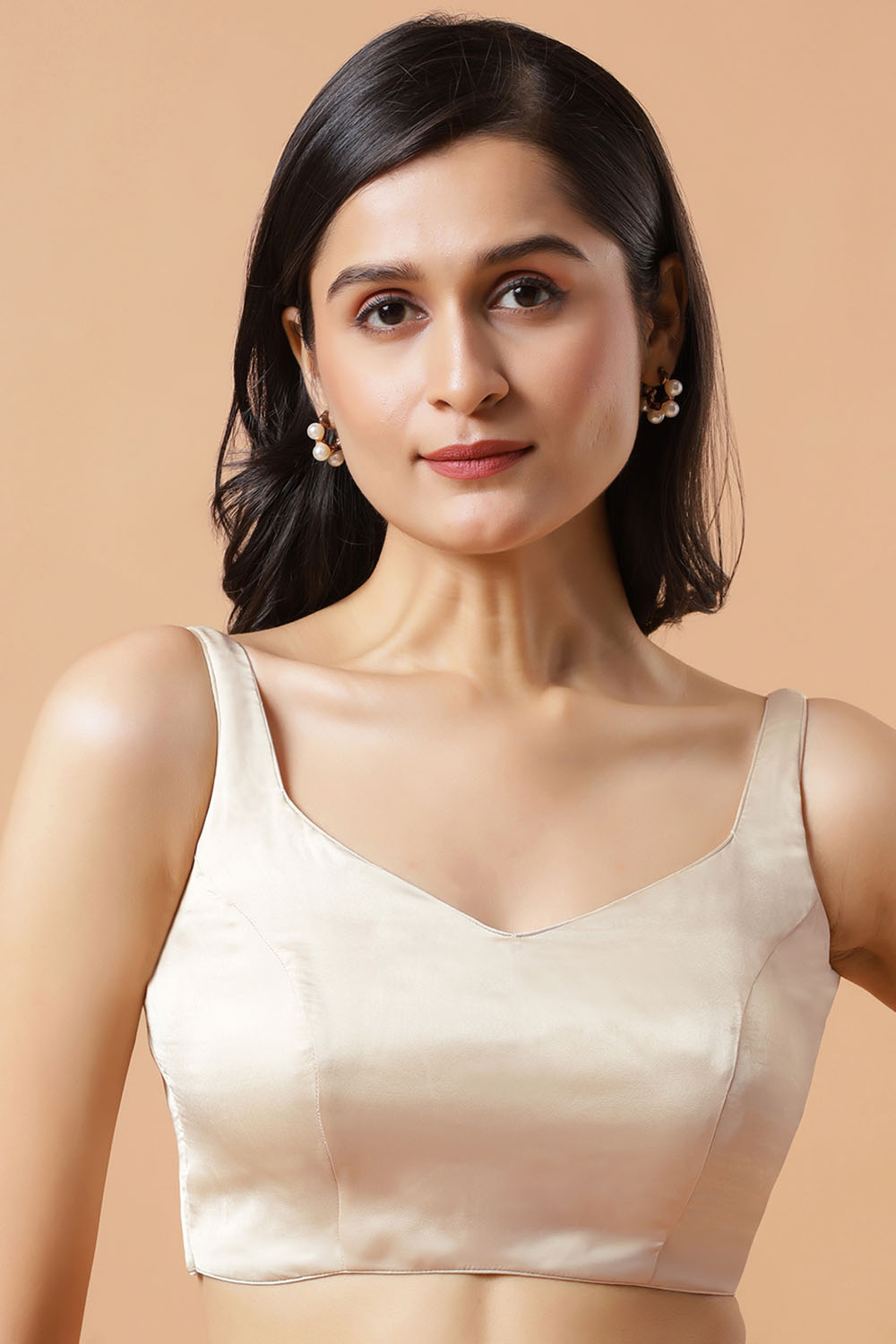 Tia Cream Satin Tie Back Sleeveless Saree Blouse