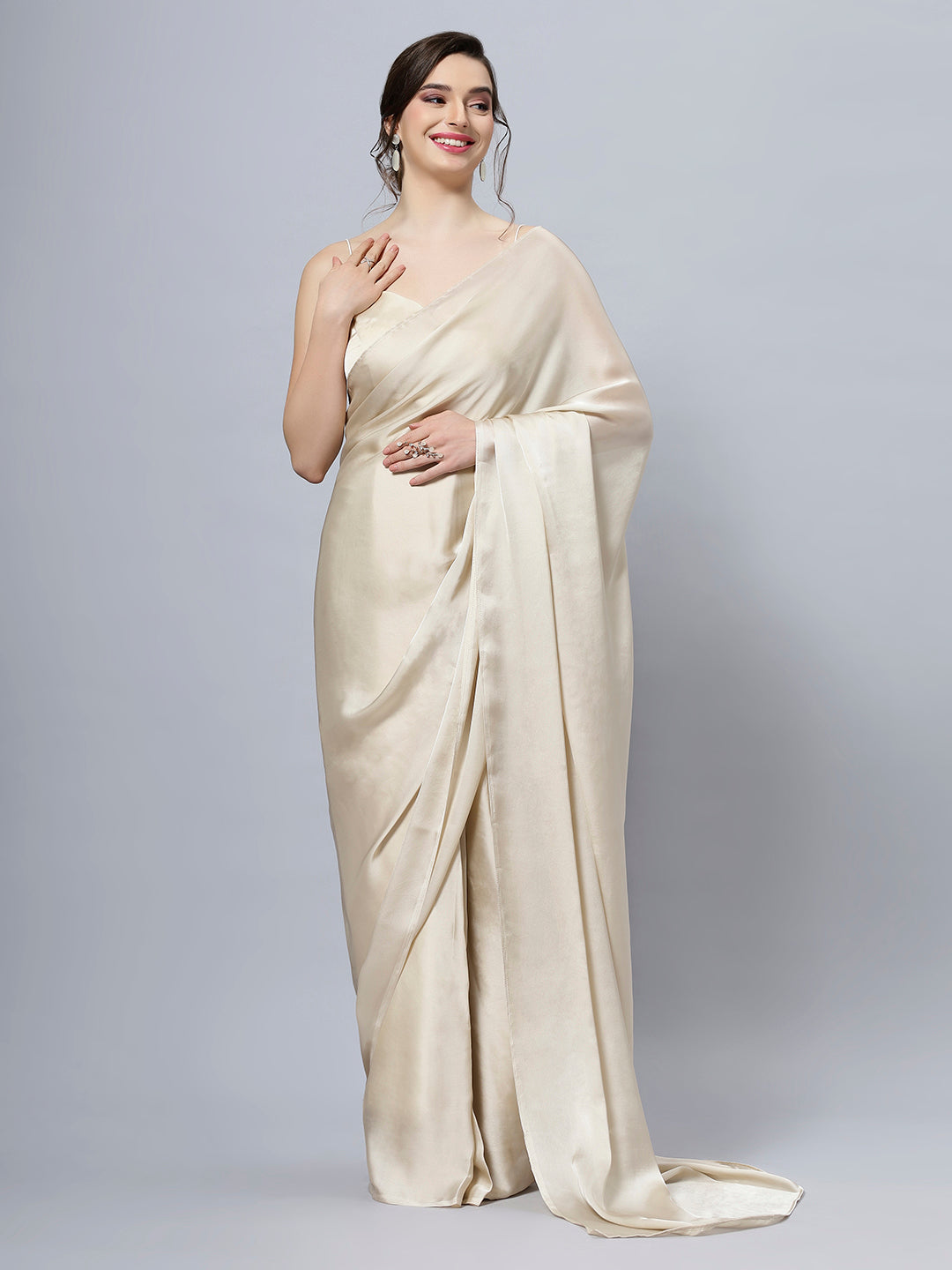 Buy Tia Cream Monochrome Satin One Minute Saree Online - One Minute Saree