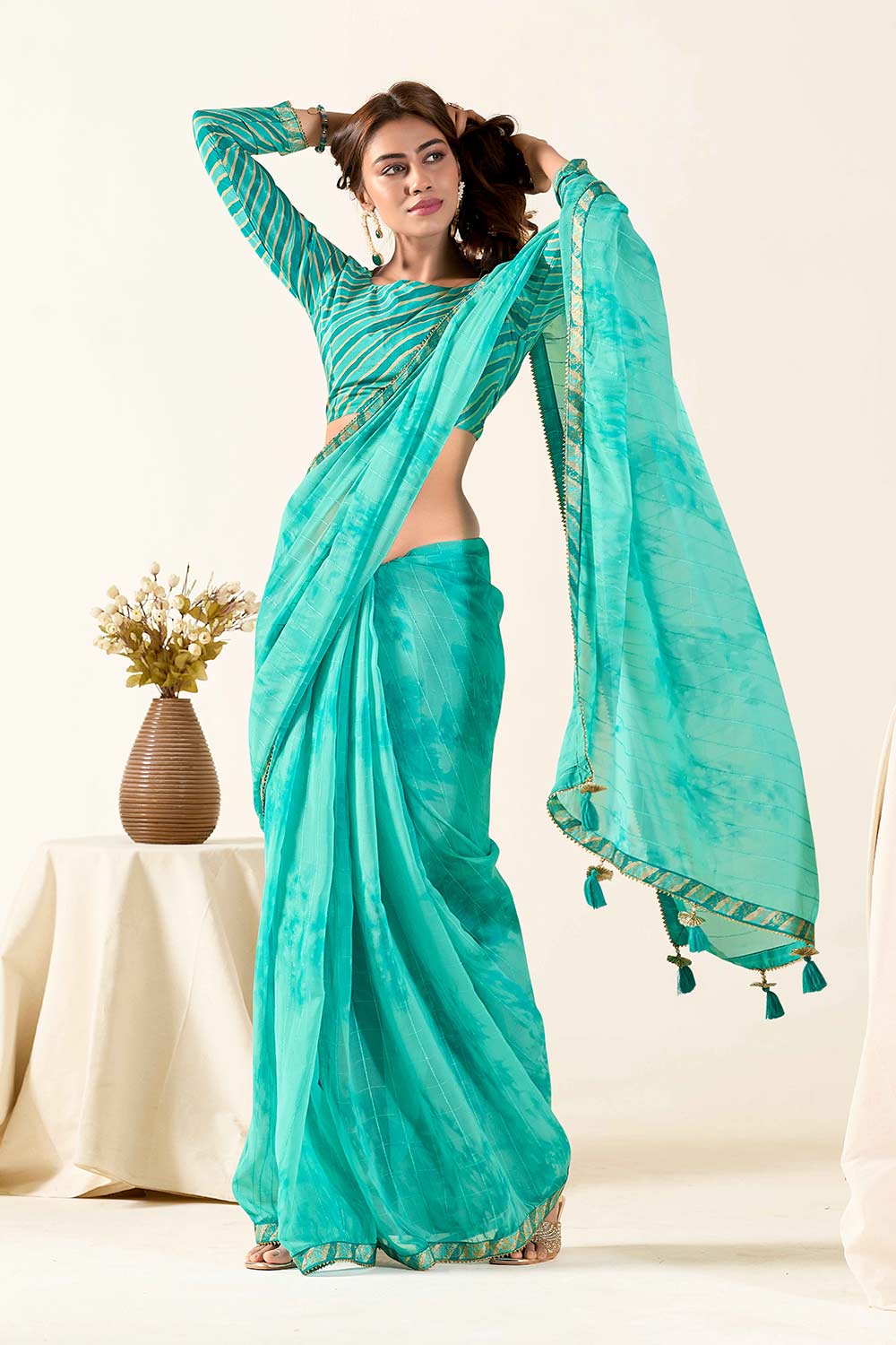 Tyla Turquoise Georgette Printed One Minute Saree