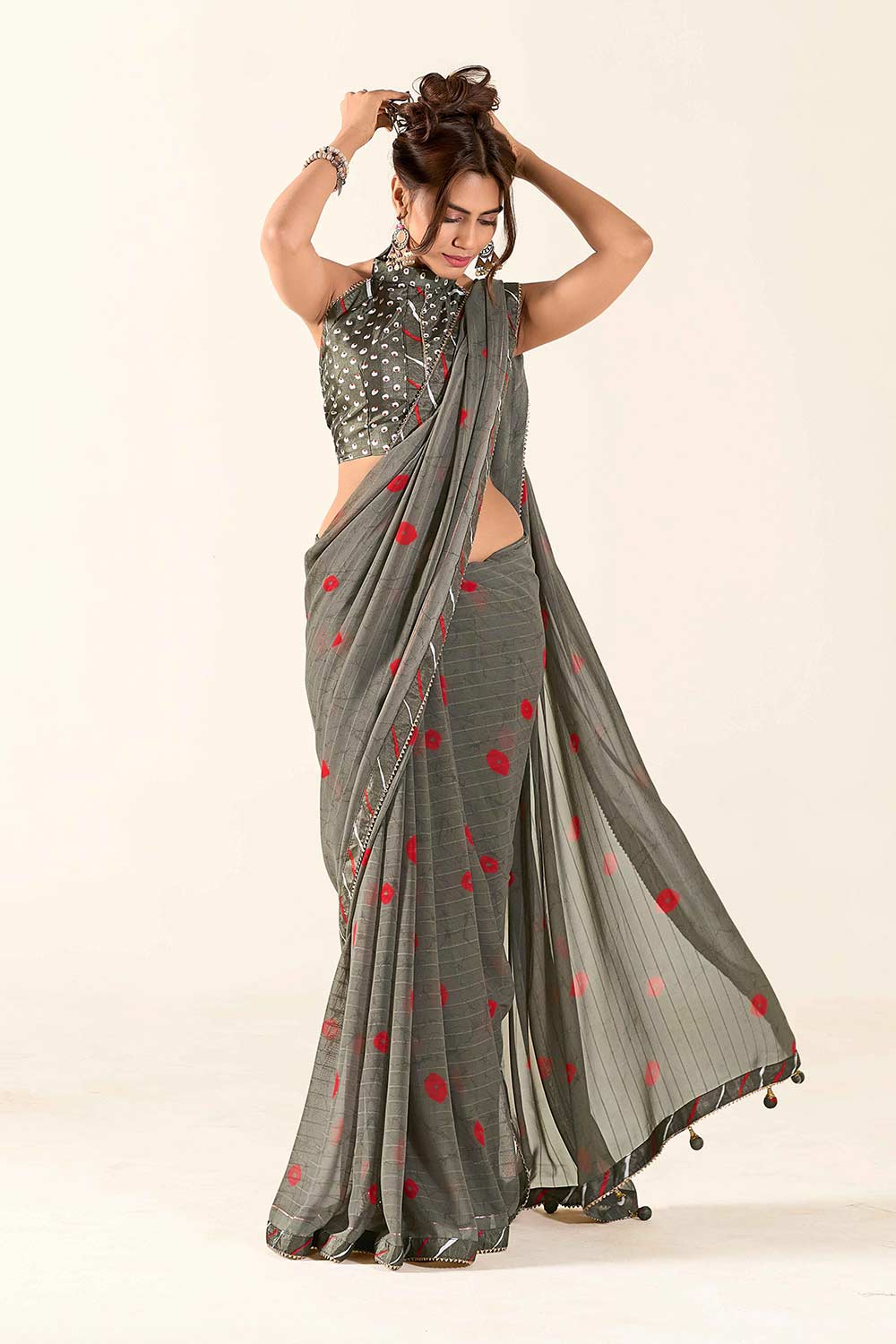 Diipa Grey Georgette Printed One Minute Saree