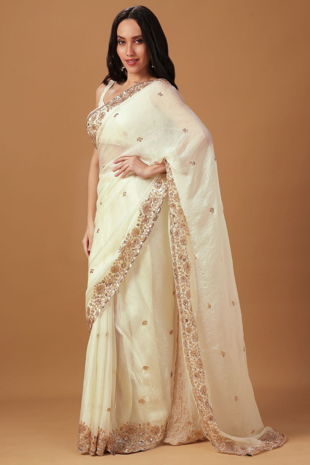 Cassie Cream Paper Silk Sequin Embroidery Border Designer Ready to Wear Saree