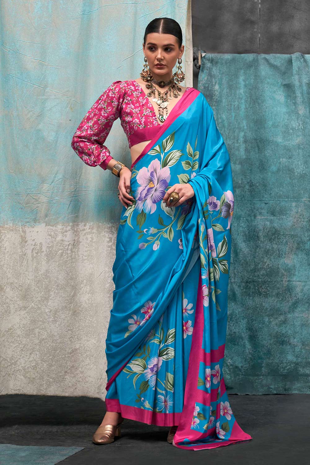 Nuri Blue Pure Silk Floral One Minute Saree