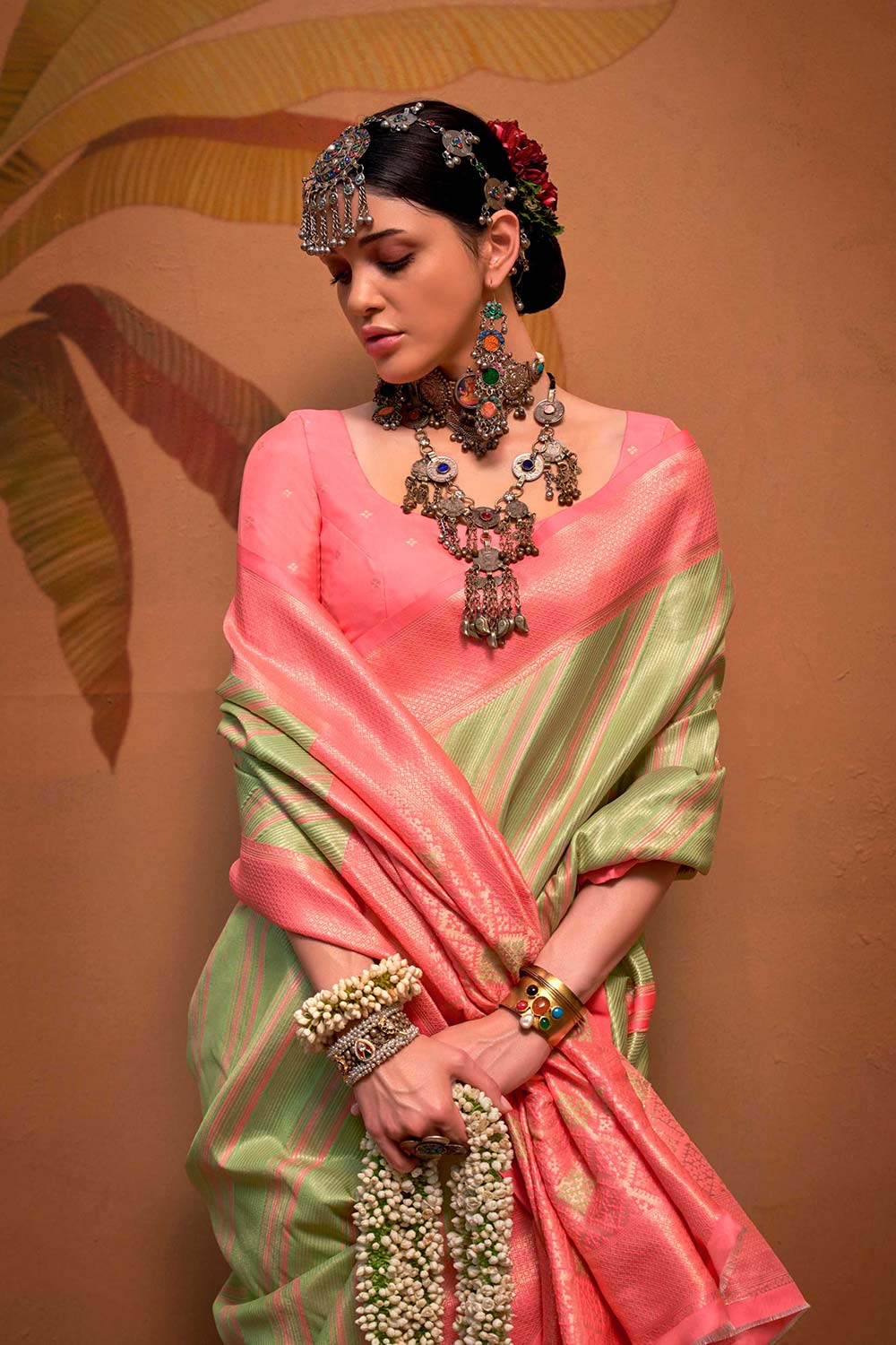 Lena Pink & Olive Silk Kalamkari One Minute Saree