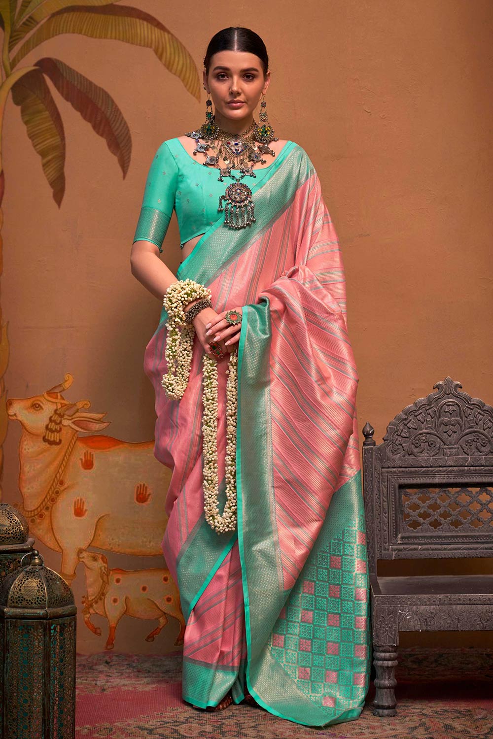 Lena Turquoise & Pink Silk Kalamkari One Minute Saree