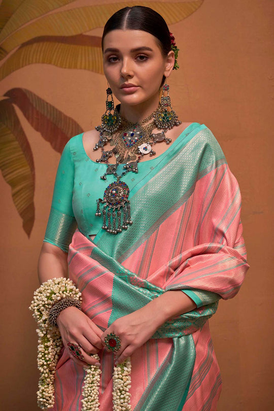 Lena Turquoise & Pink Silk Kalamkari One Minute Saree