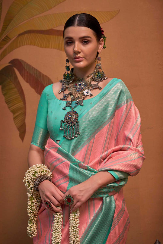 Lena Turquoise & Pink Silk Kalamkari One Minute Saree