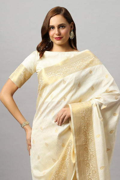 Buy Winina White Silk Embroidered Lace One Minute Saree Online - Front