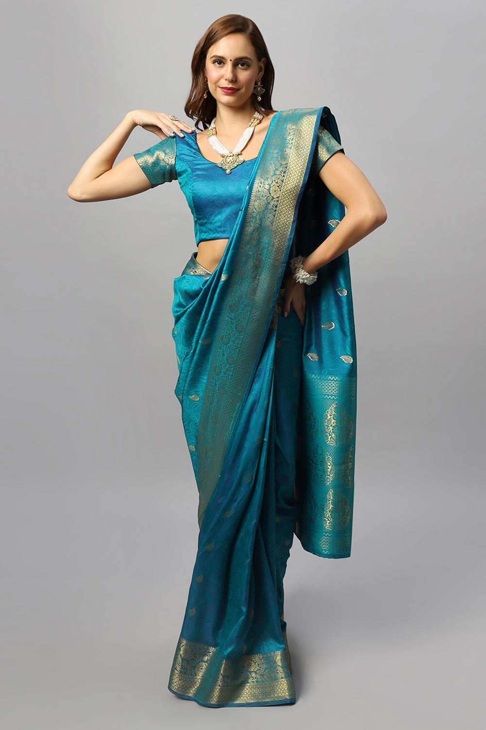 Buy Adina Blue Silk Foil Print Lace One Minute Saree Online - One Minute Saree