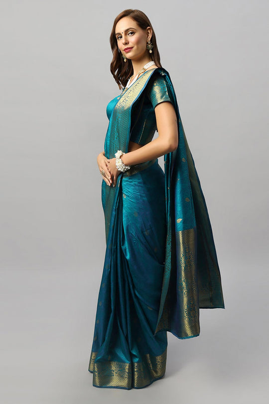 Buy Adina Blue Silk Foil Print Lace One Minute Saree Online