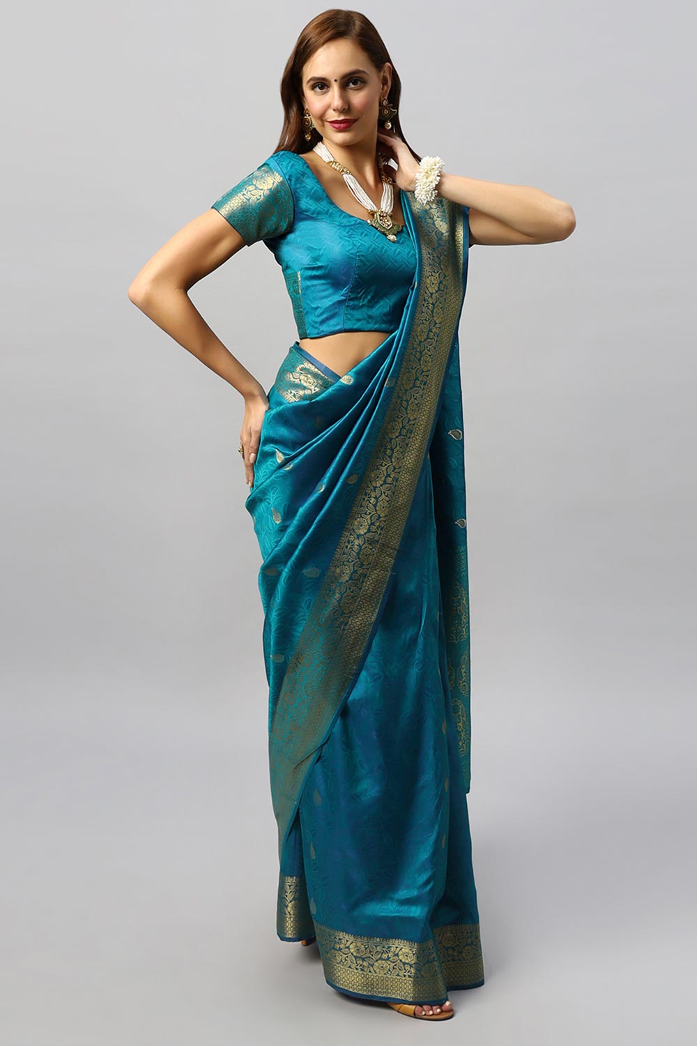Buy Adina Blue Silk Foil Print Lace One Minute Saree Online - Back
