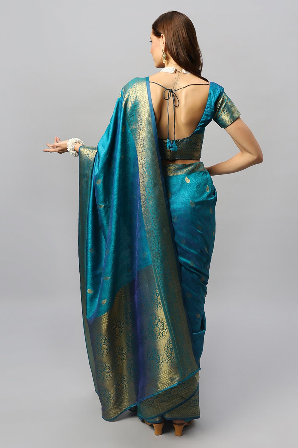 Shop Adina Blue Silk Foil Print Lace One Minute Saree at best offer at our  Store - One Minute Saree