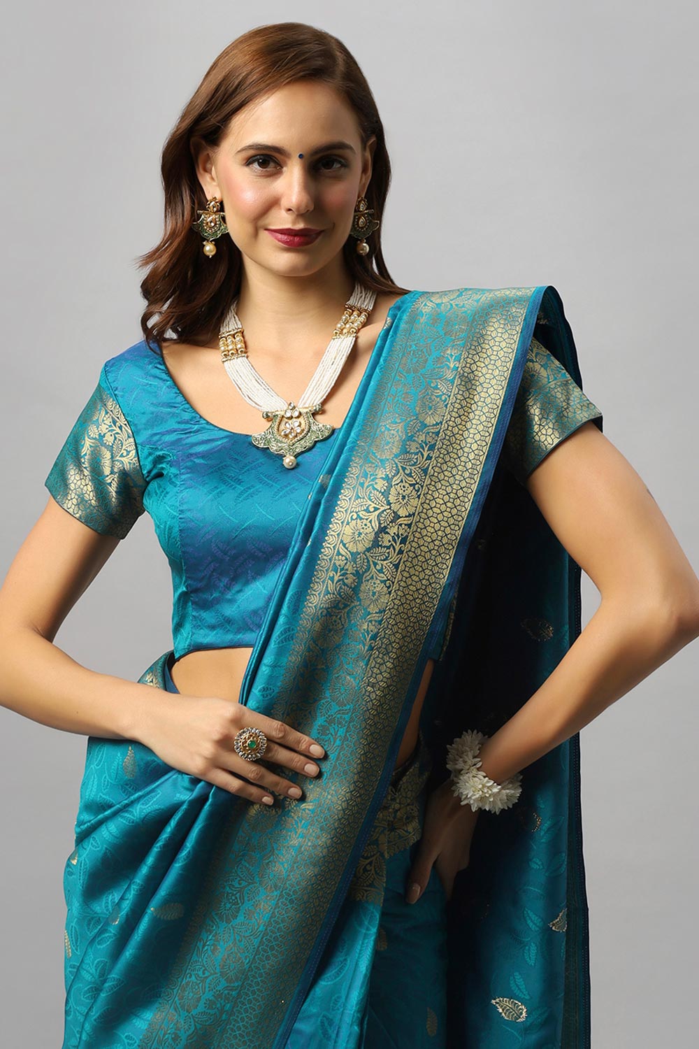 Buy Adina Blue Silk Foil Print Lace One Minute Saree Online - Front