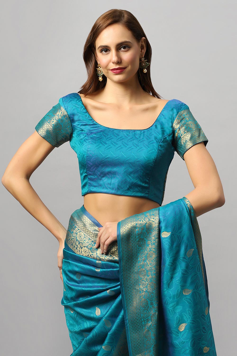 Buy Adina Blue Silk Foil Print Lace One Minute Saree Online - Side