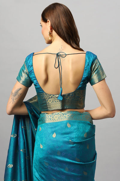 Buy Adina Blue Silk Foil Print Lace One Minute Saree Online - Zoom In