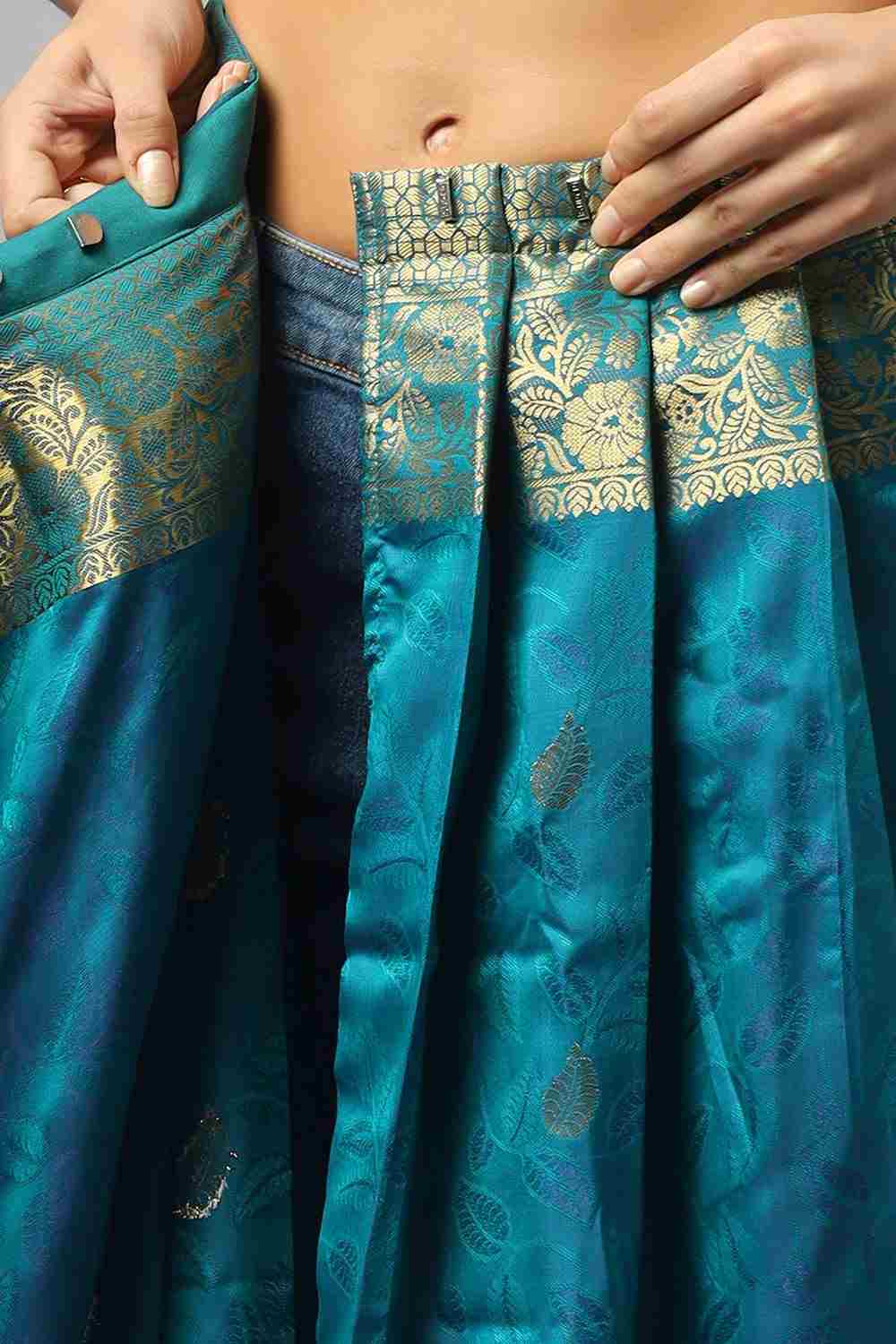 Buy Adina Blue Silk Foil Print Lace One Minute Saree Online - Zoom Out