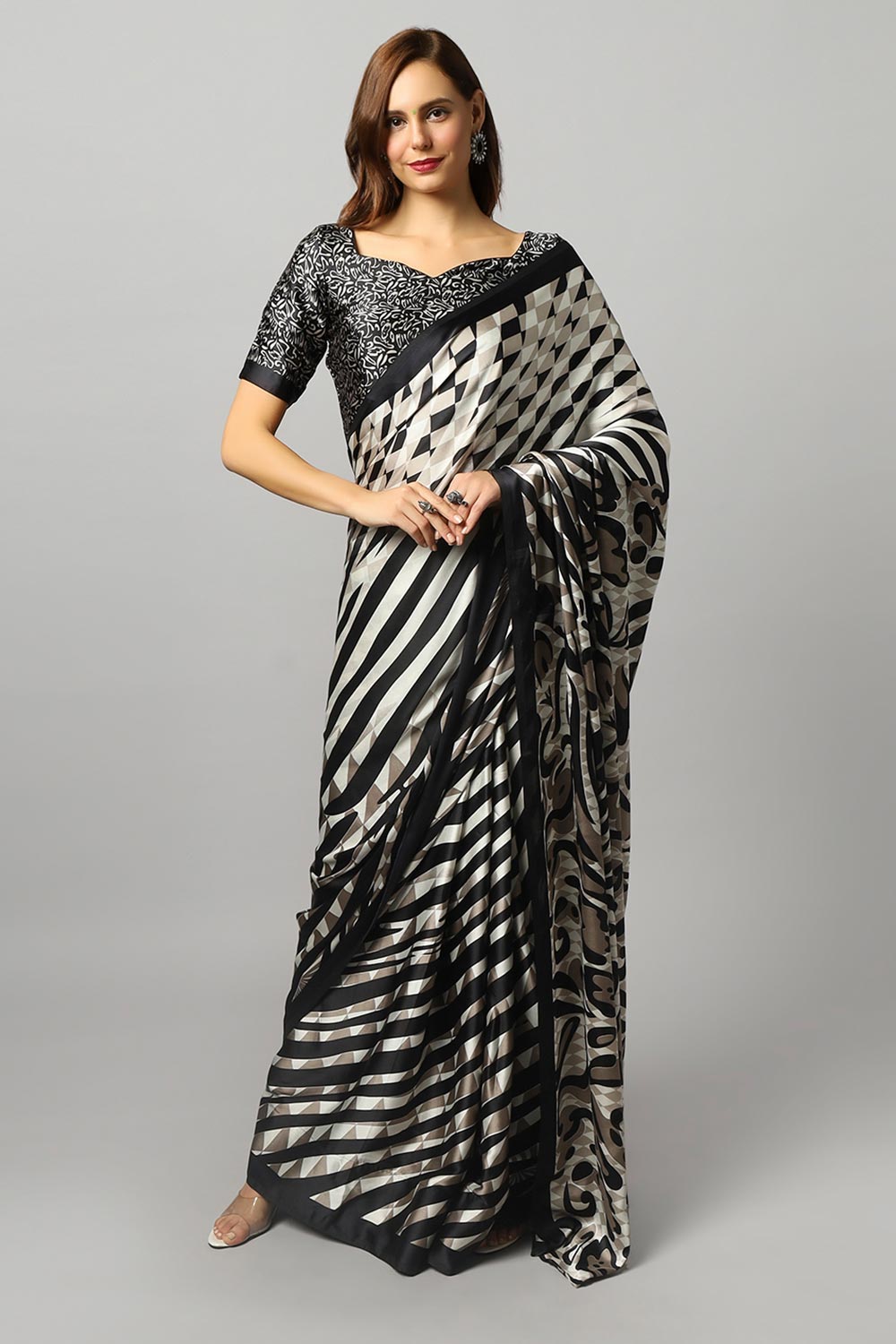 Buy Meena Black & Off-White Satin Zebra Print One Minute Saree Online - One Minute Saree