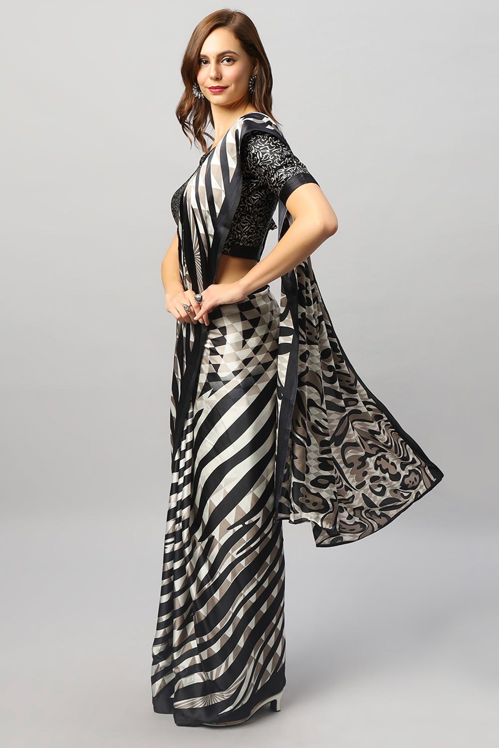 Buy Meena Black & Off-White Satin Zebra Print One Minute Saree Online