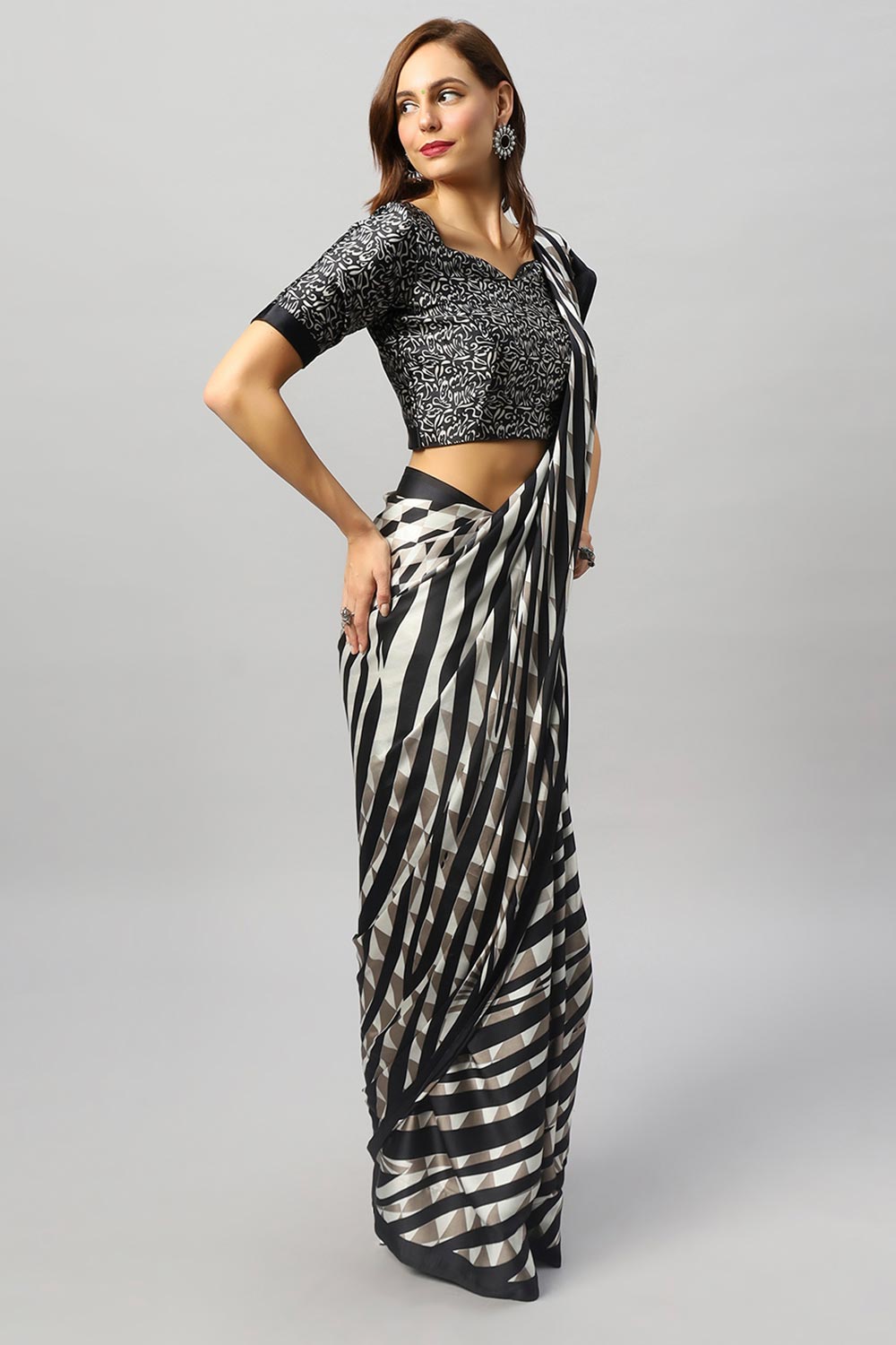 Buy Meena Black & Off-White Satin Zebra Print One Minute Saree Online - Back