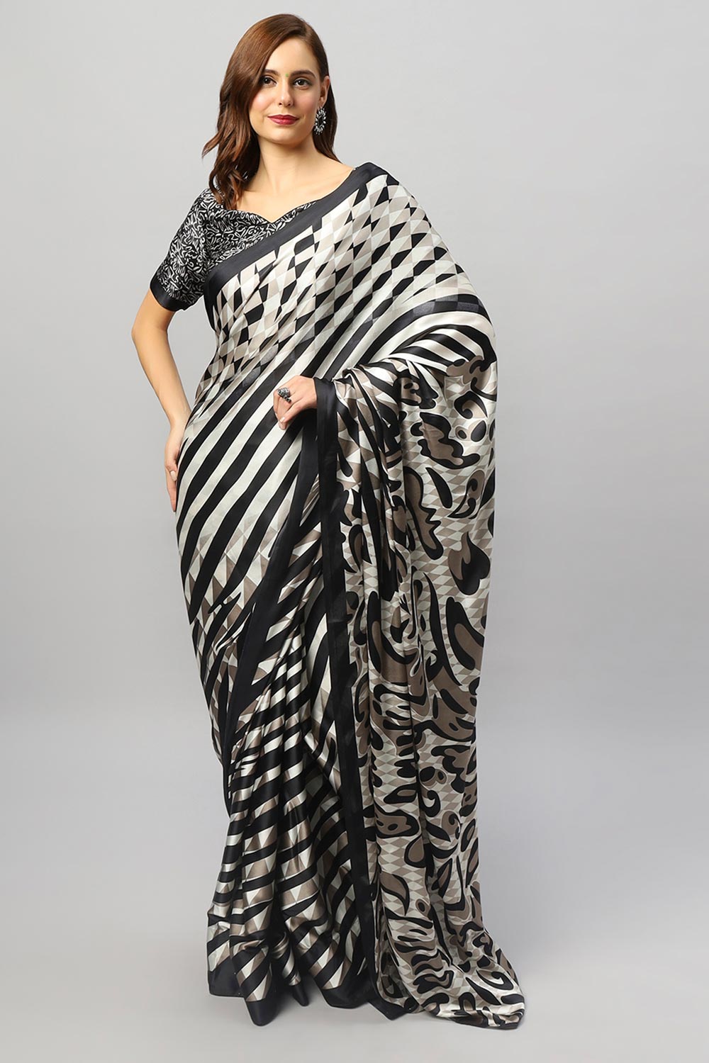 Buy Meena Black & Off-White Satin Zebra Print One Minute Saree Online - Front