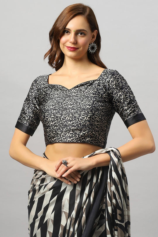 Buy Meena Black & Off-White Satin Zebra Print One Minute Saree Online - Side