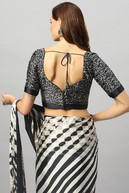 Buy Meena Black & Off-White Satin Zebra Print One Minute Saree Online - Zoom In