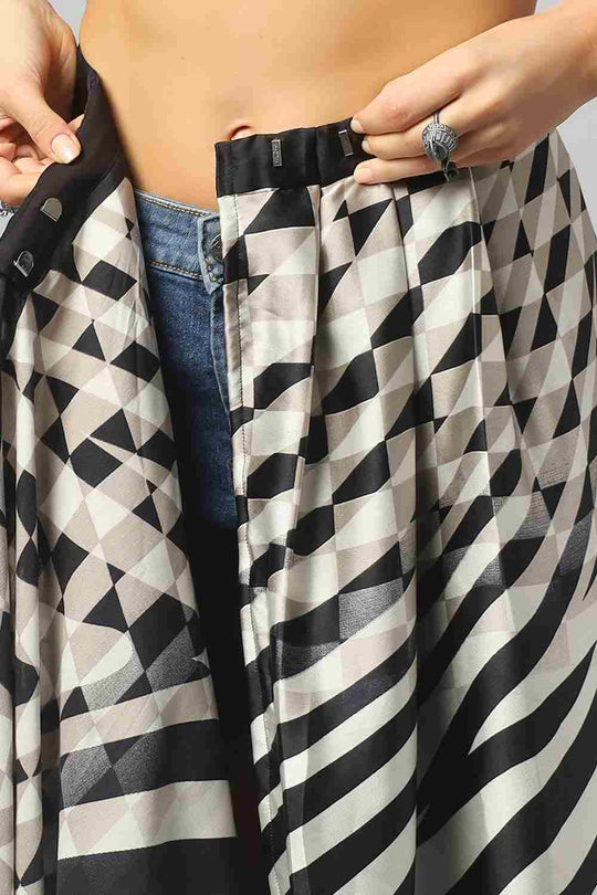 Buy Meena Black & Off-White Satin Zebra Print One Minute Saree Online - Zoom Out