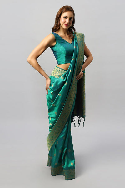 Buy Yara Green Moss Weave Art Silk One Minute Saree Online - Back