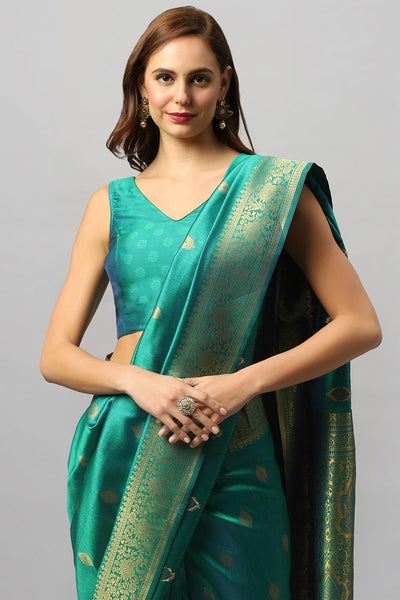 Buy Yara Green Moss Weave Art Silk One Minute Saree Online - Front