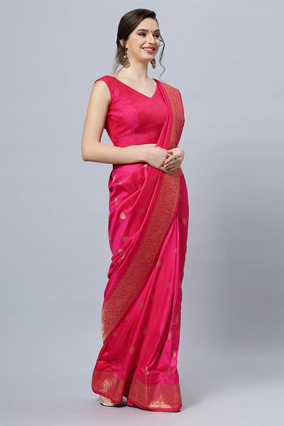 Buy Silia Moss Weave Pink Art Silk One Minute Saree Online - Back
